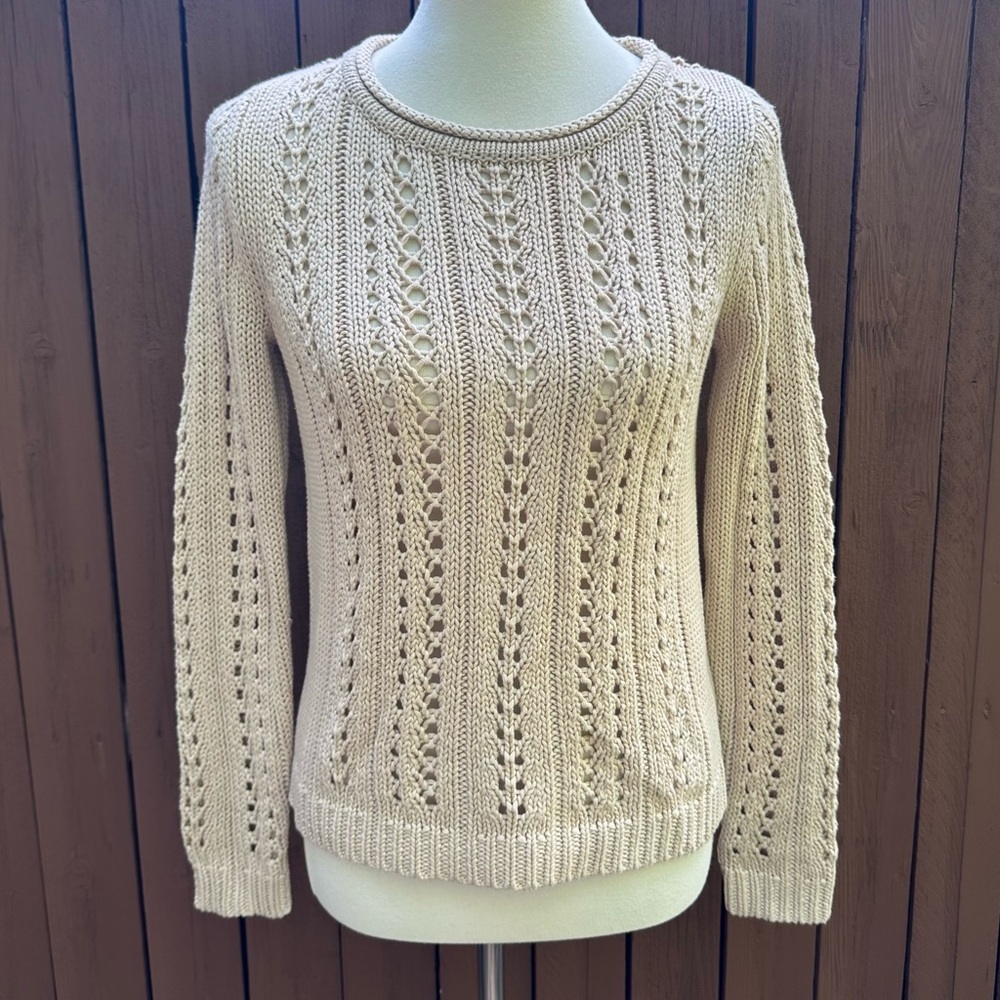 Vince Camuto | Tan Open Knit Pullover Round Neck Sweater Size Small